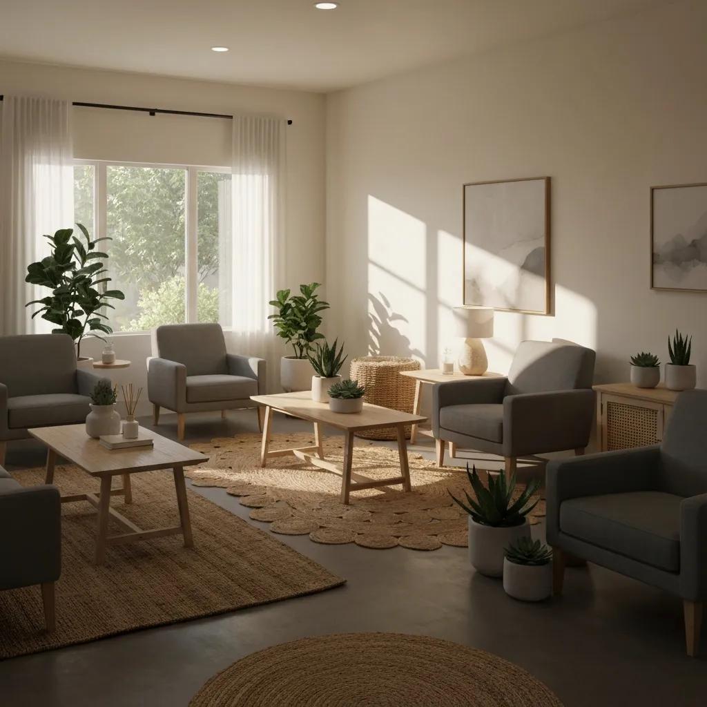 Calm and inviting detox center environment in California, featuring comfortable seating, natural light, and greenery, emphasizing safety and support for recovery.