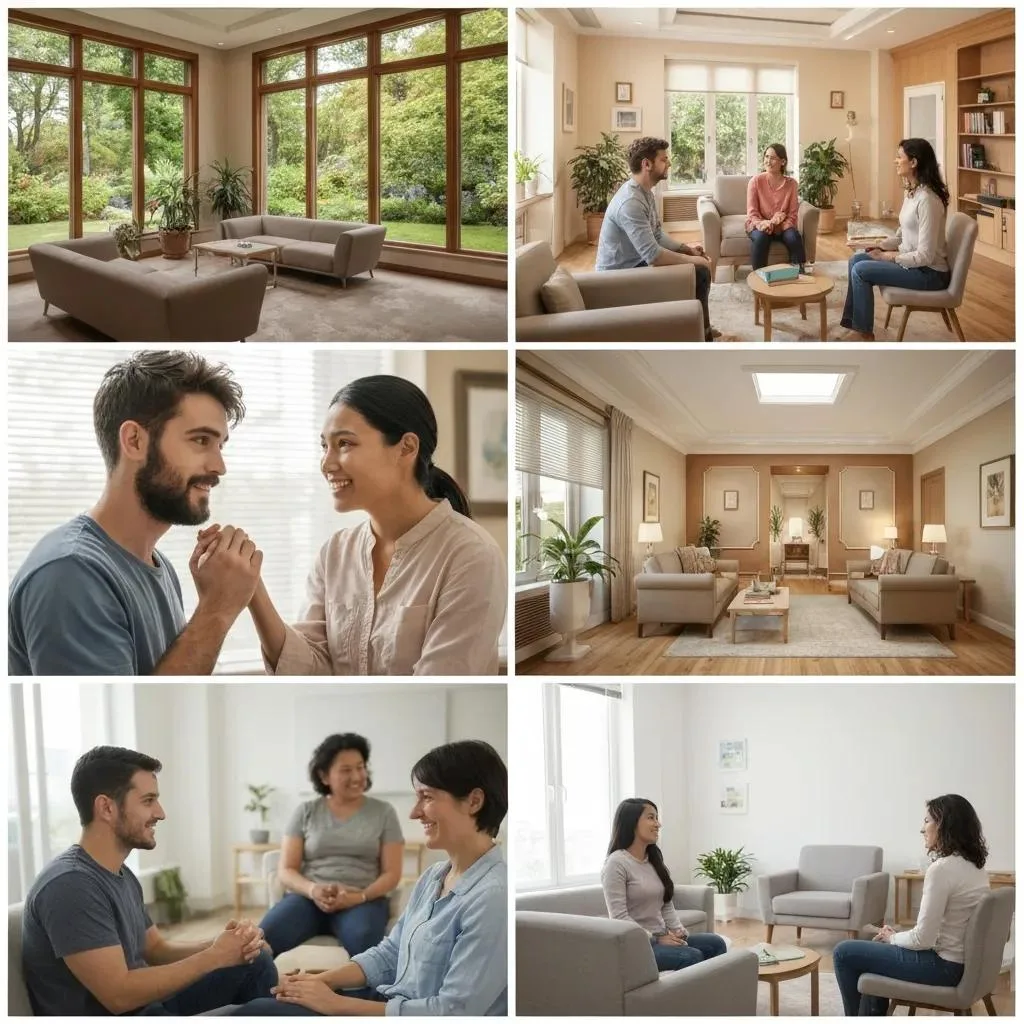Collage Showing Common Addiction Treatment Settings: Detox Unit, Residential Facility, And Outpatient Groups