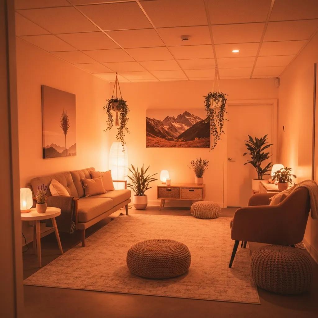 Comfortable therapy room for substance abuse treatment with calming decor and inviting atmosphere