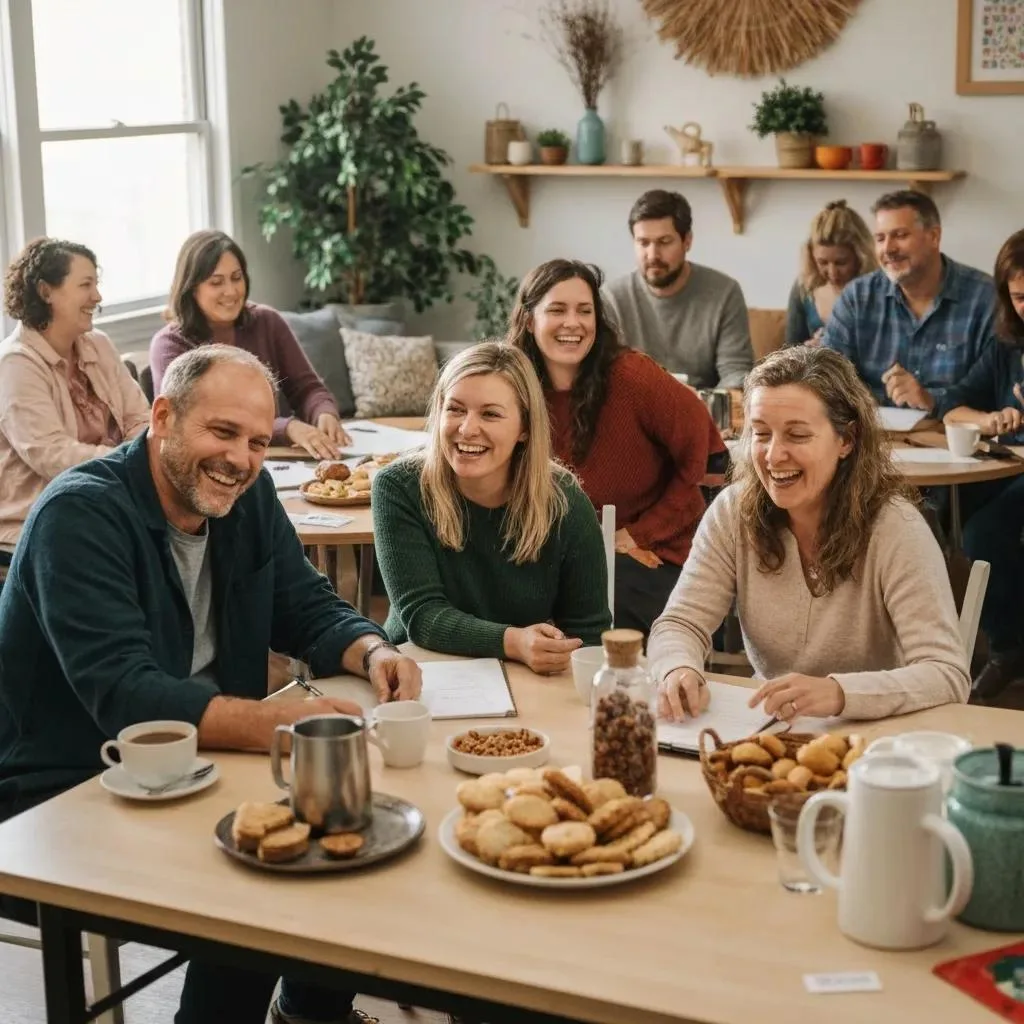 Community gathering of individuals in recovery sharing experiences and engaging in supportive activities, featuring laughter and connection around a table with food and beverages.