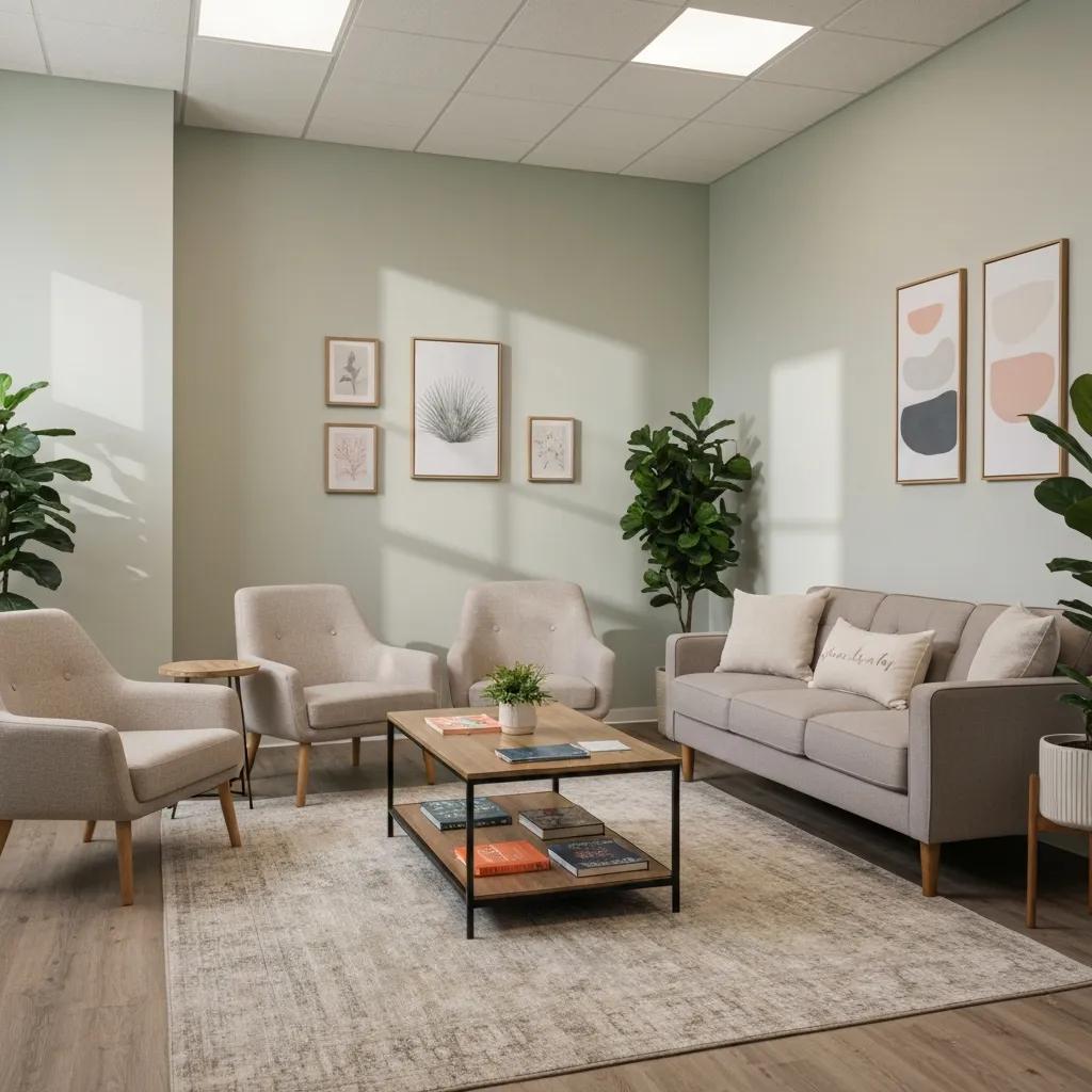 Cozy therapy room designed for addiction treatment, featuring comfortable seating and calming decor