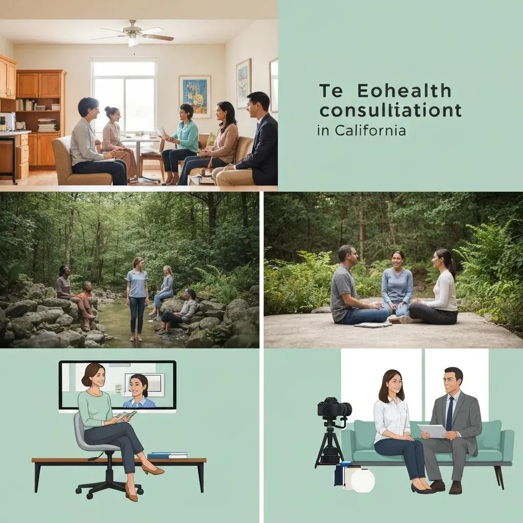 Affordable Addiction Treatment Options In California Diverse addiction treatment options in California, including group therapy sessions, nature-based counseling, and telehealth consultations, highlighting accessibility and support for substance use disorders.