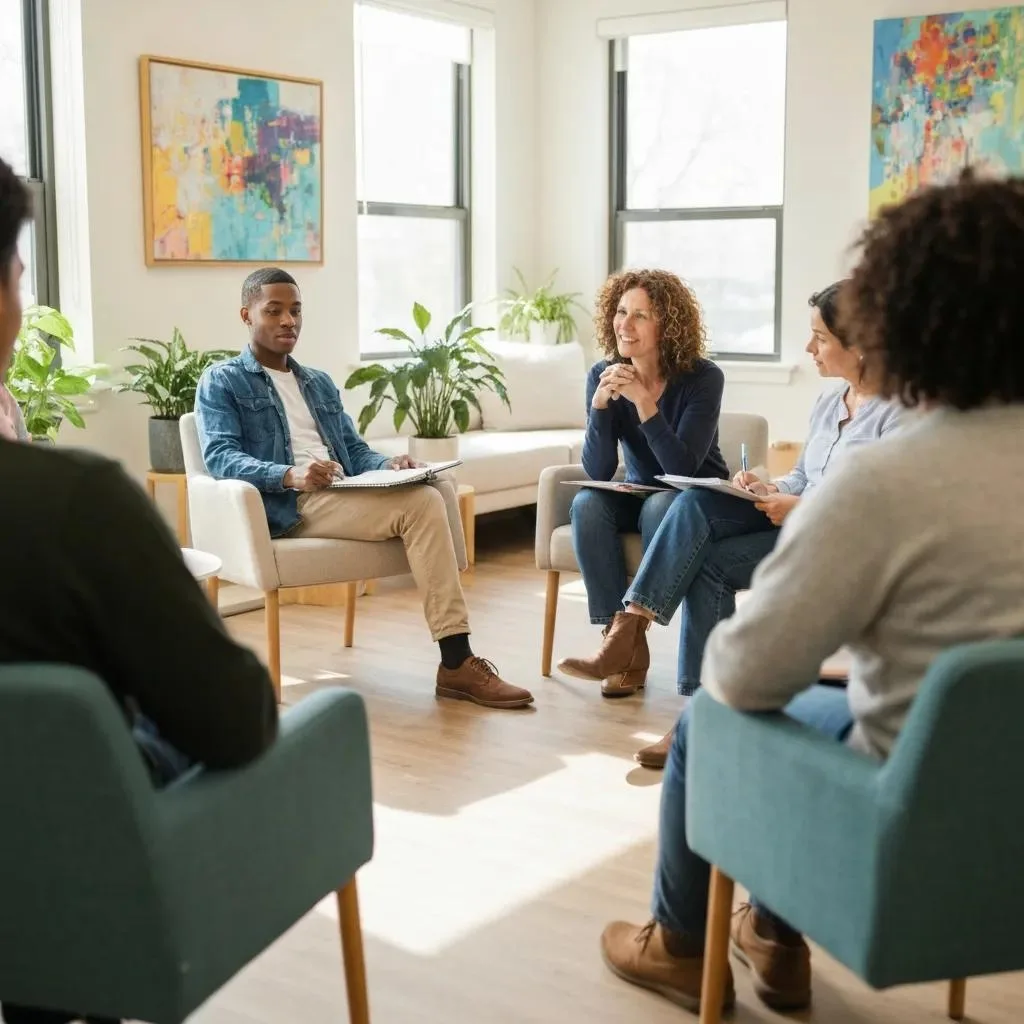 Diverse group participating in outpatient therapy session, showcasing community support and flexibility in addiction recovery programs.