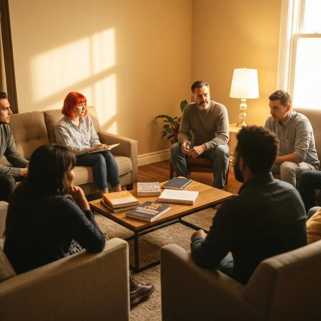 Diverse group of individuals in a supportive circle discussing addiction recovery in a cozy community center