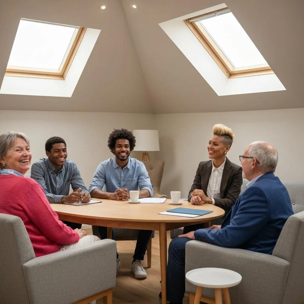 Diverse group of individuals in a supportive discussion about addiction recovery