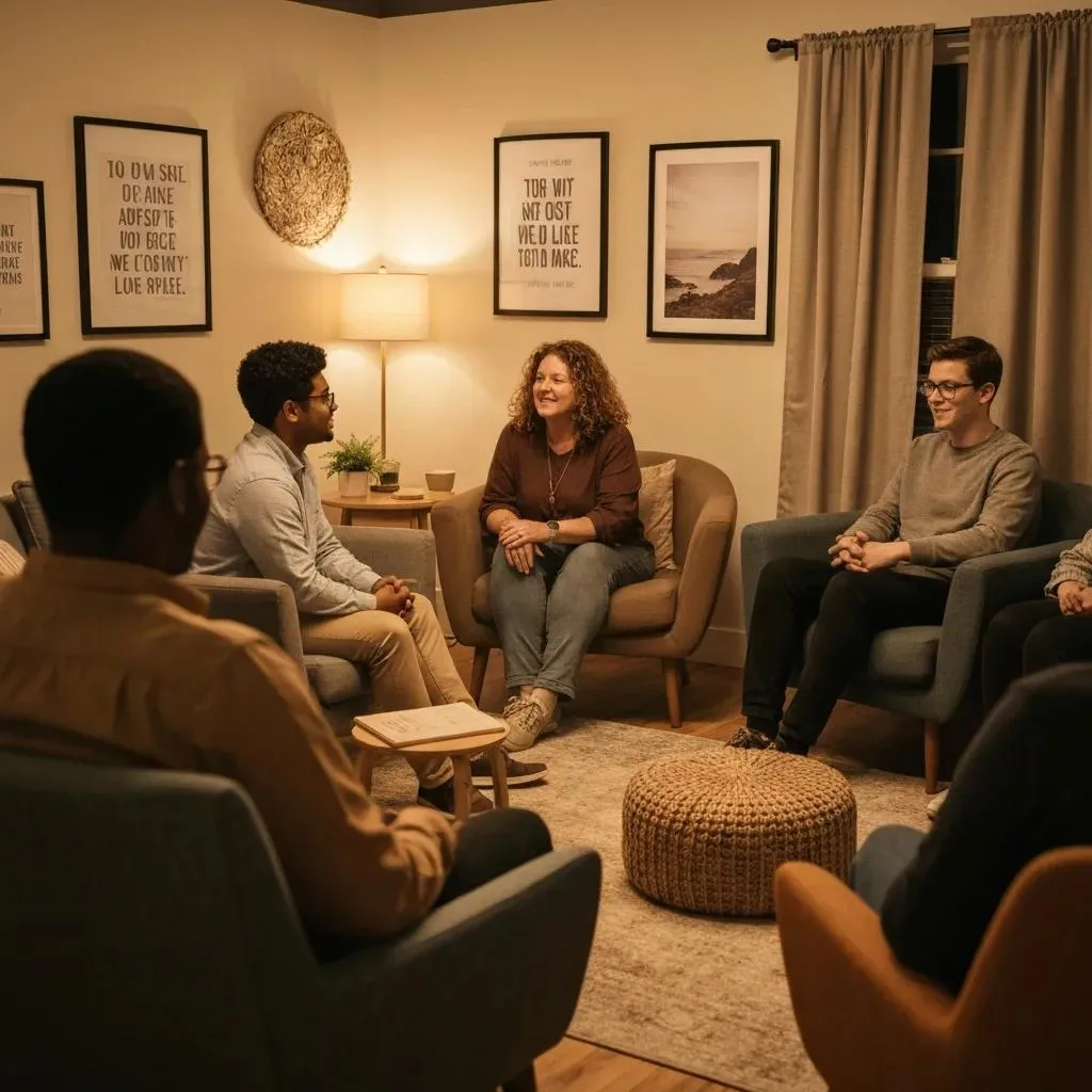 Diverse Group Of Individuals In A Supportive Discussion About Addiction Recovery In A Cozy Meeting Room