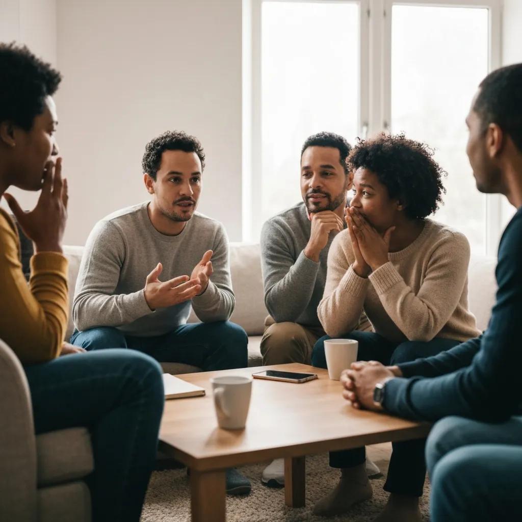 Diverse group of individuals sharing supportive conversation in a cozy setting, representing peer support networks for addiction recovery
