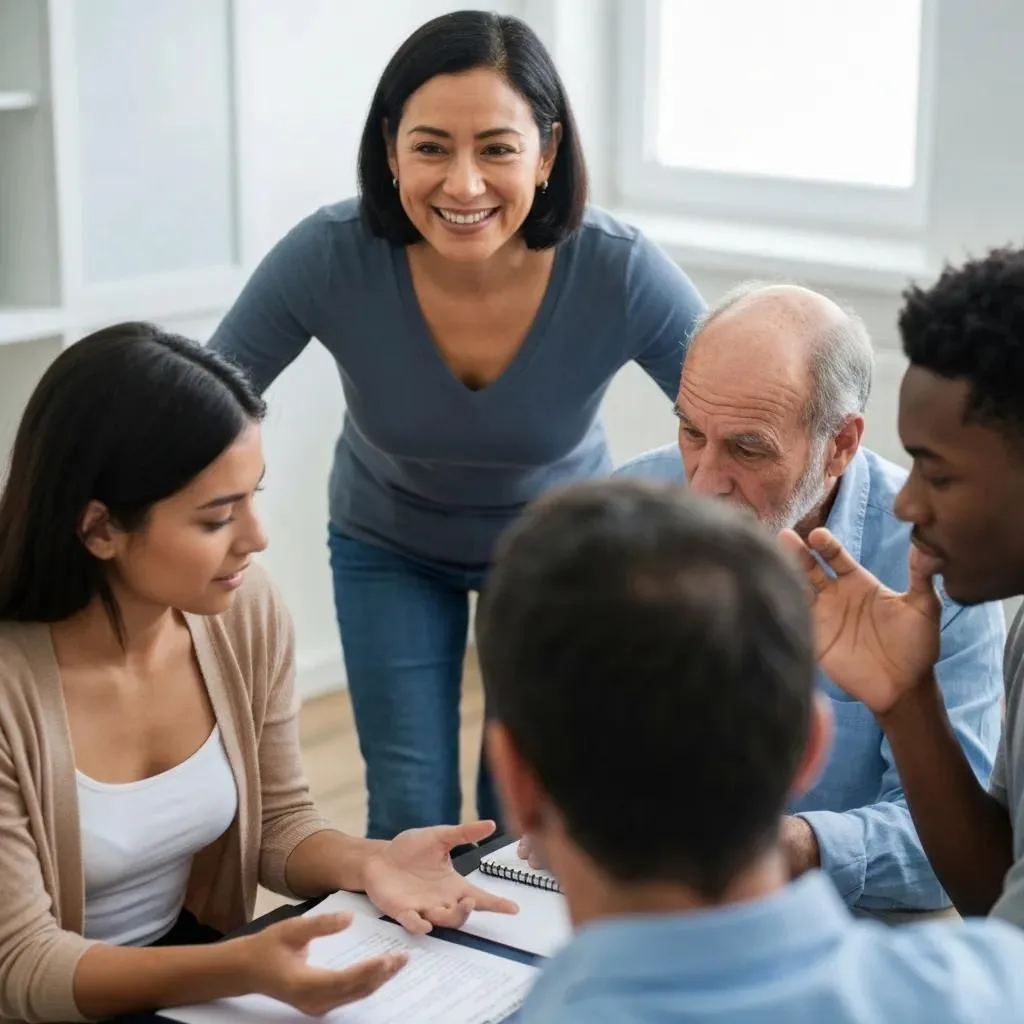 A Diverse Therapy Group Engaged In A Session, Demonstrating Collaboration And Mutual Support