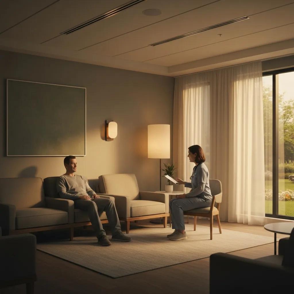 Drug detox process environment showcasing a supportive treatment room with healthcare professional and patient interaction