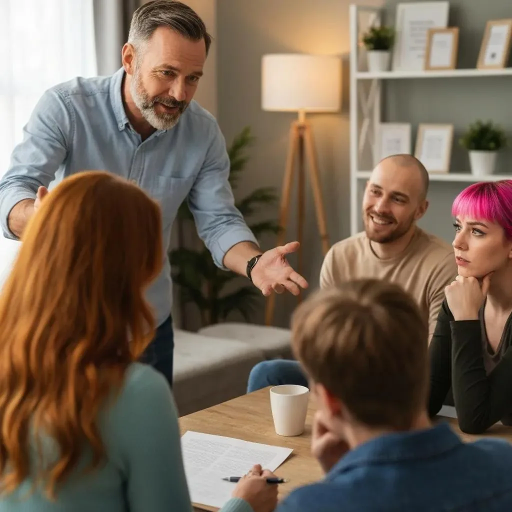 Facilitator leading a peer support group discussion, emphasizing empathy and shared experiences in addiction recovery, with participants engaged in conversation.
