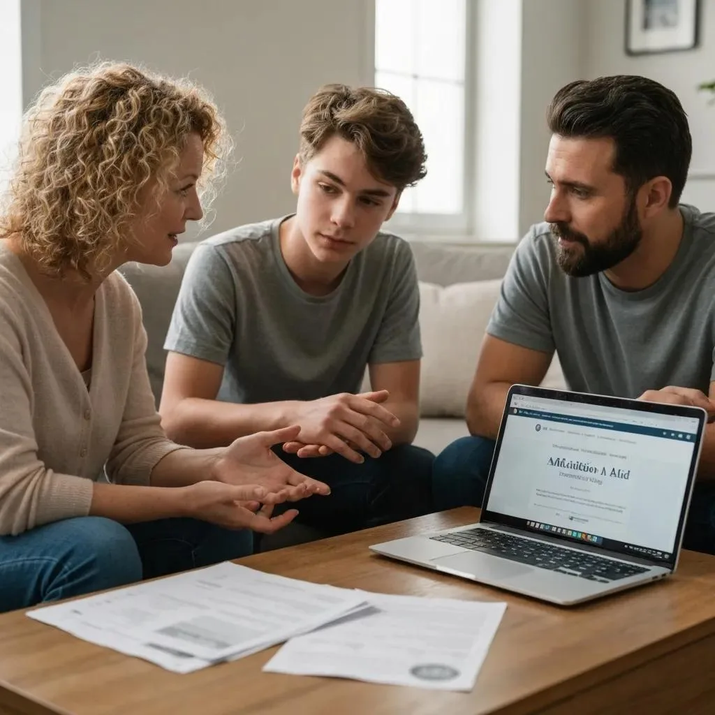 Affordable Addiction Treatment Options In California Family discussing financial aid options for addiction treatment at home, with laptop displaying resources and paperwork on the table.