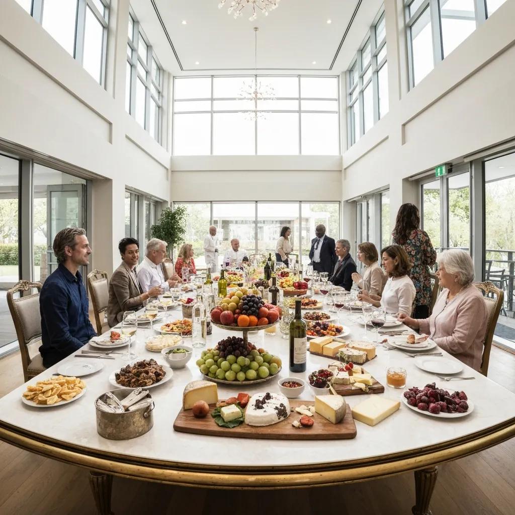 Family discussing health insurance options for drug rehabilitation at a large dining table filled with food and drinks in a bright, modern setting.
