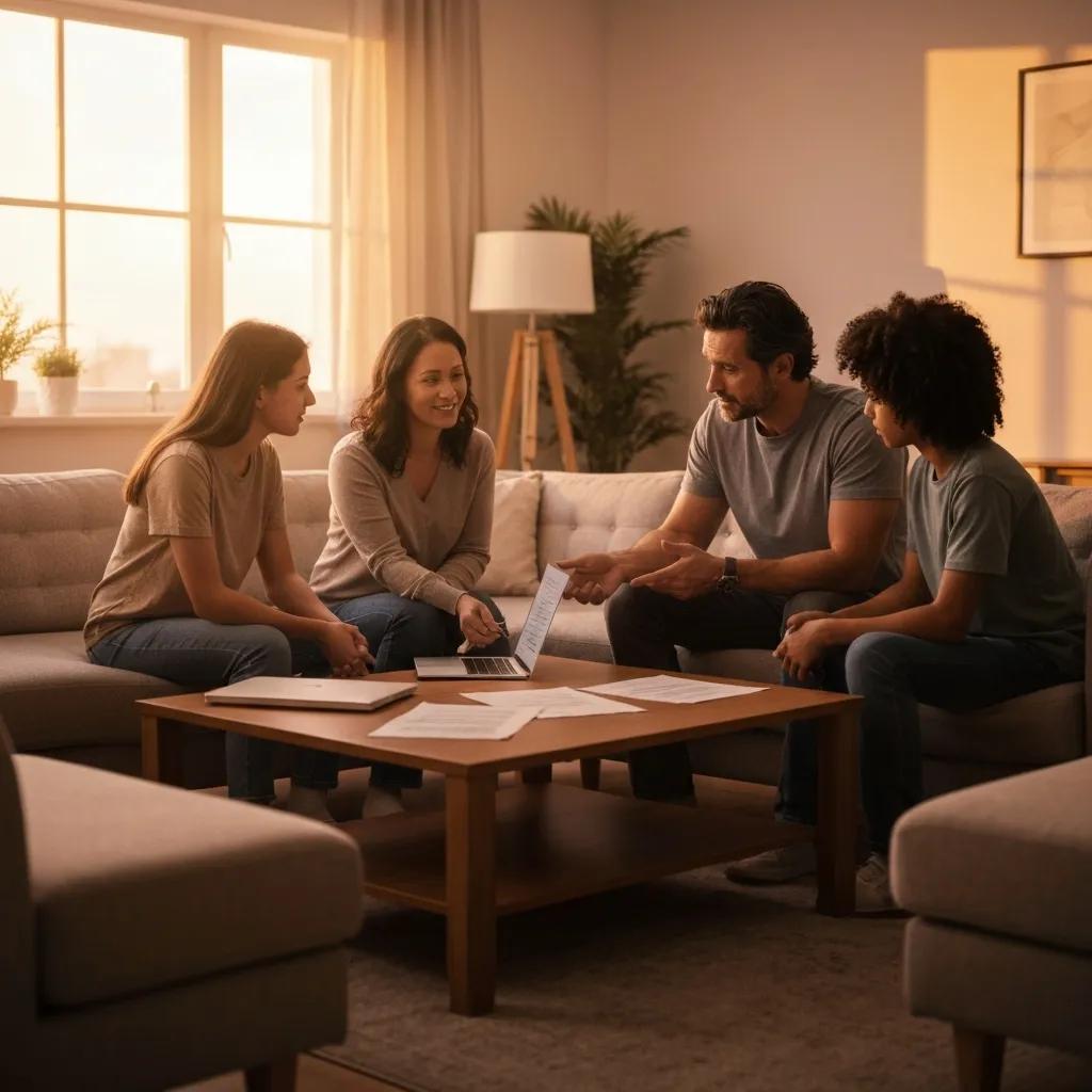 Family discussing insurance options for addiction treatment in a cozy living room