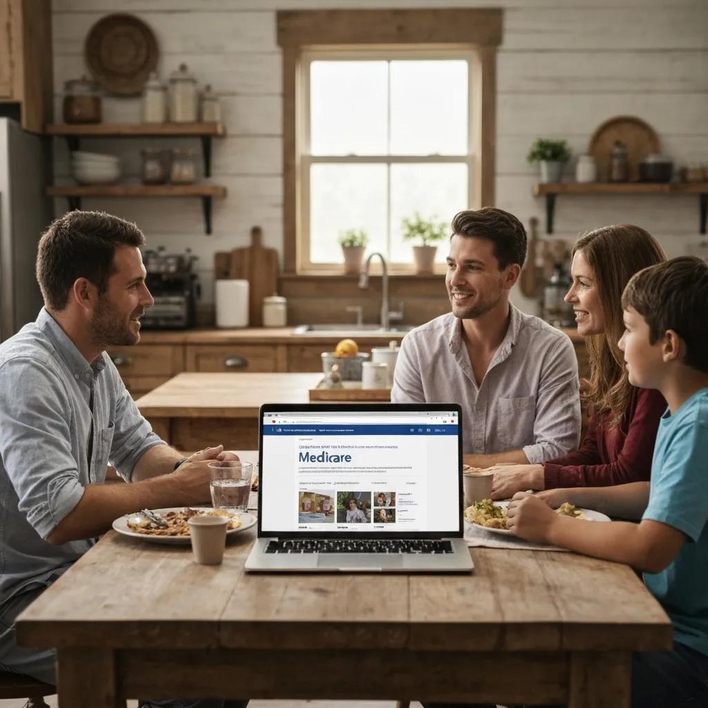 Family discussing Medicare addiction treatment options at home, with a laptop displaying "Medicare" on the screen, in a warm kitchen setting.