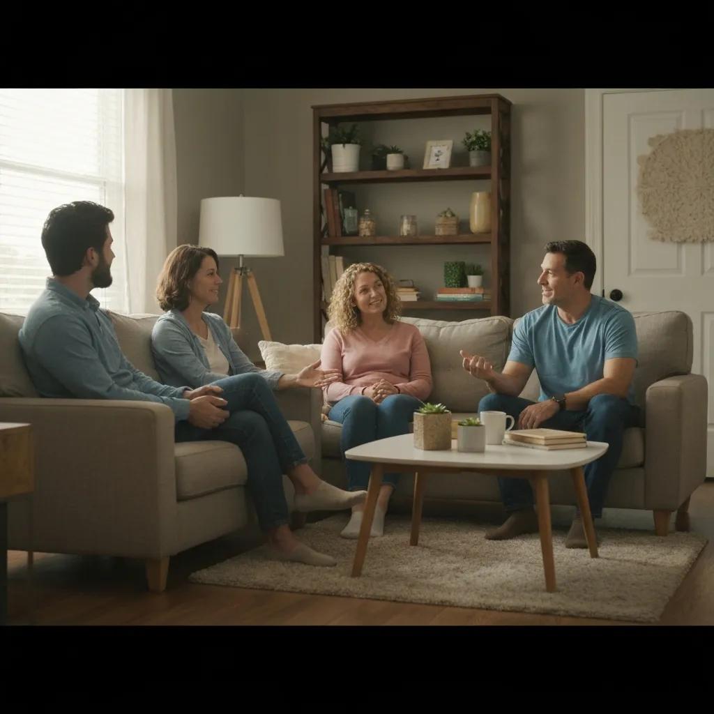Family discussing outpatient rehab options in a cozy living room, emphasizing support and recovery.