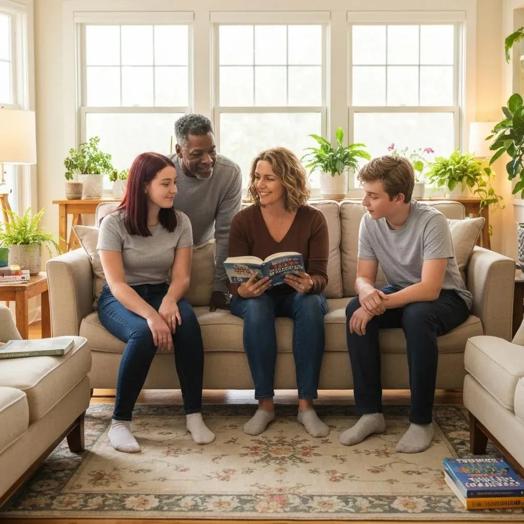 Family Meeting In A Comfortable Living Room Discussing Recovery Plans And Support During Detox