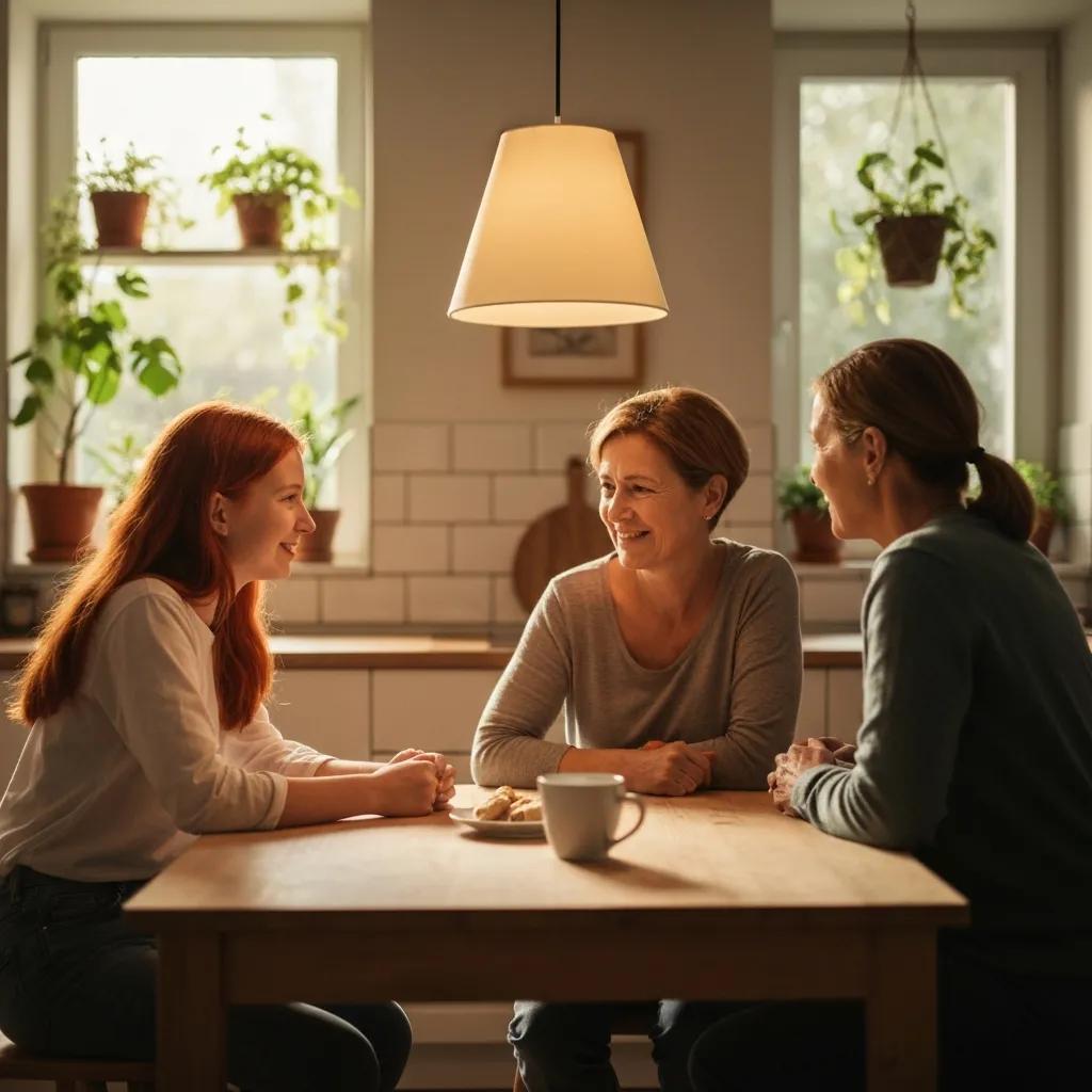 Family discussing substance abuse treatment options in a supportive kitchen environment