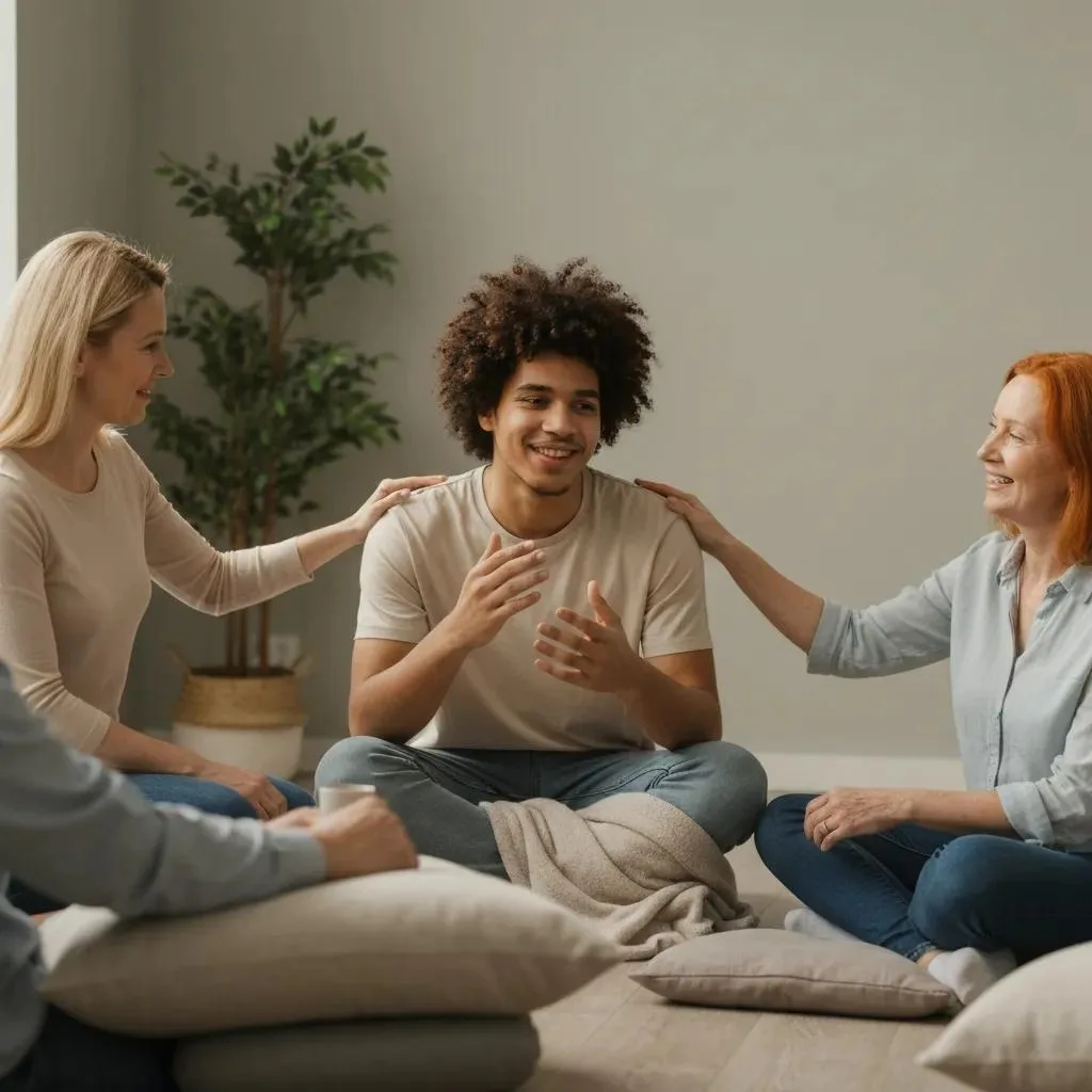 Family members engaged in a support group meeting, emphasizing communication and emotional support in addiction recovery.
