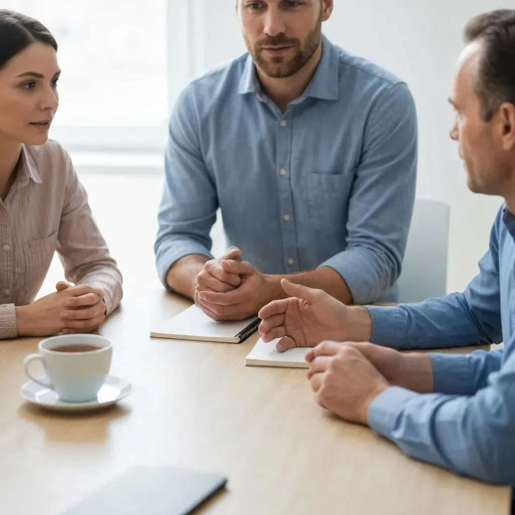 Family Members In A Calm Conversation, Illustrating Communication And Boundary-Setting During Recovery