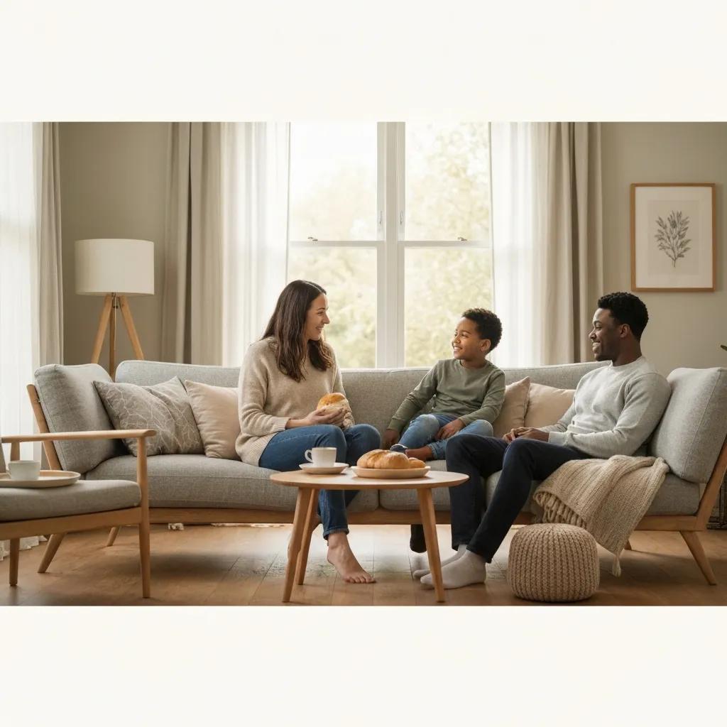 Family members supporting each other in a cozy living room, symbolizing emotional support in addiction recovery