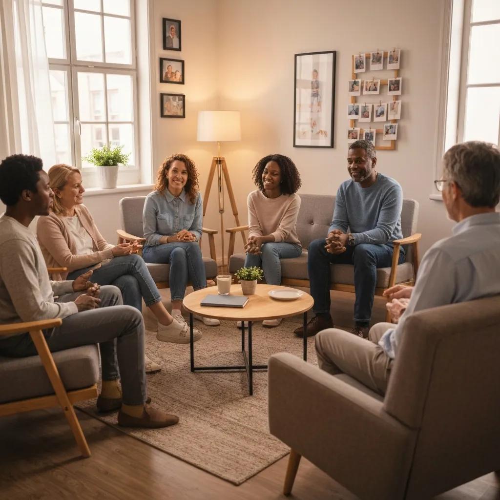 Family therapy session focused on addiction recovery with diverse family members and a therapist in a cozy environment