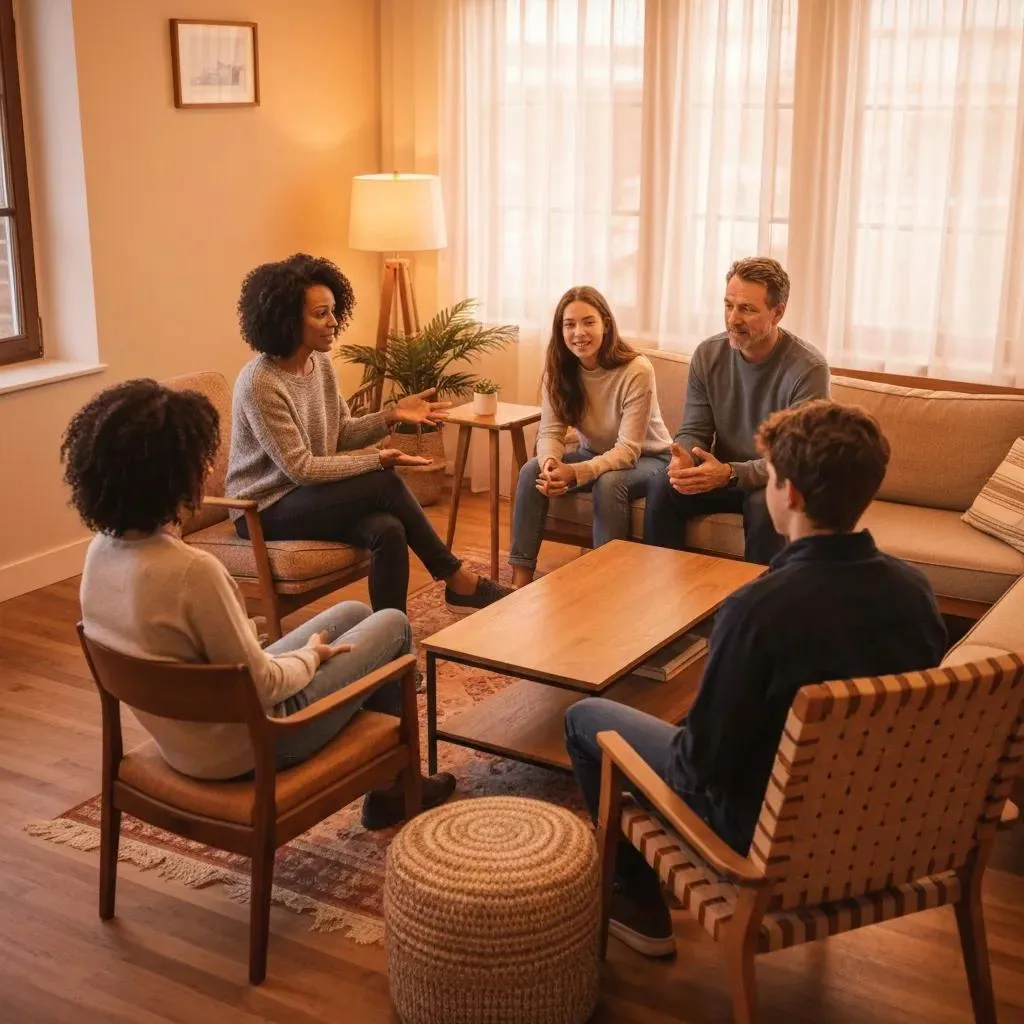 Family Therapy Session In A Warm, Comfortable Room During Addiction Treatment