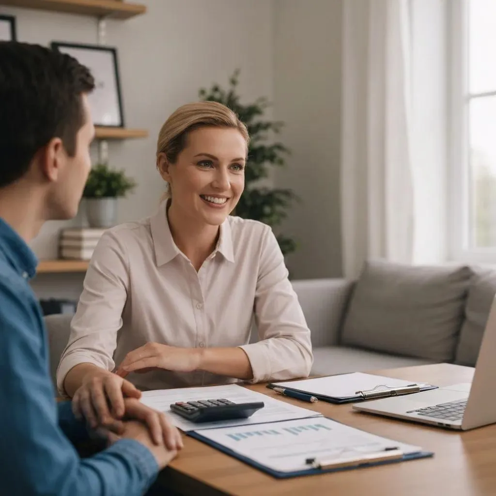 Financial counselor assisting a client with payment plans and financial aid options for drug rehabilitation, featuring documents and a calculator on the table.
