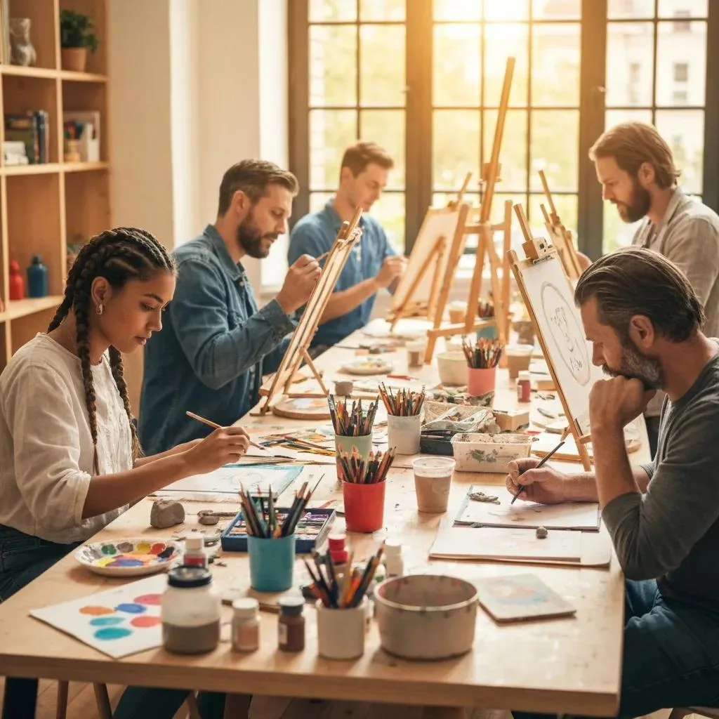 Participants Sharing Creative Work In A Group Art Therapy Session