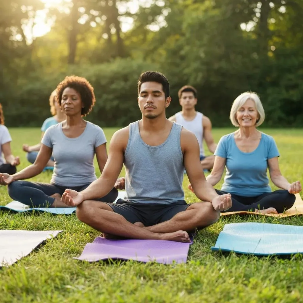 Small Group Meditating Outdoors To Illustrate The Mind–Body Link In Recovery