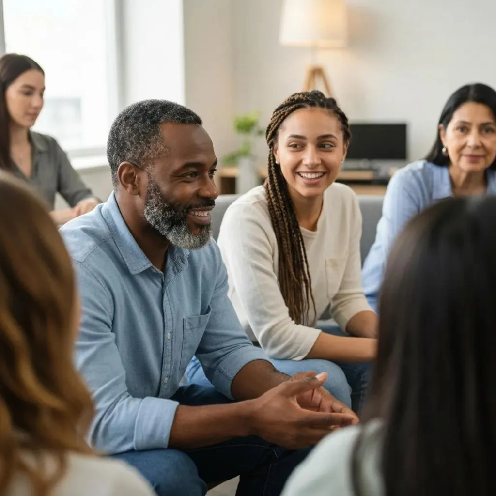 Group Of Diverse Individuals Sharing Addiction Recovery Success Stories In A Supportive Community Setting