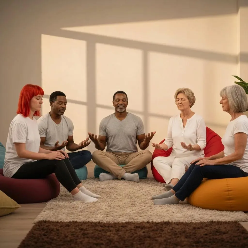 Mindfulness Practices Enhancing Addiction Recovery Small Group Practicing Mindfulness In A Clinical Workshop, Demonstrating Techniques Used In Addiction Recovery