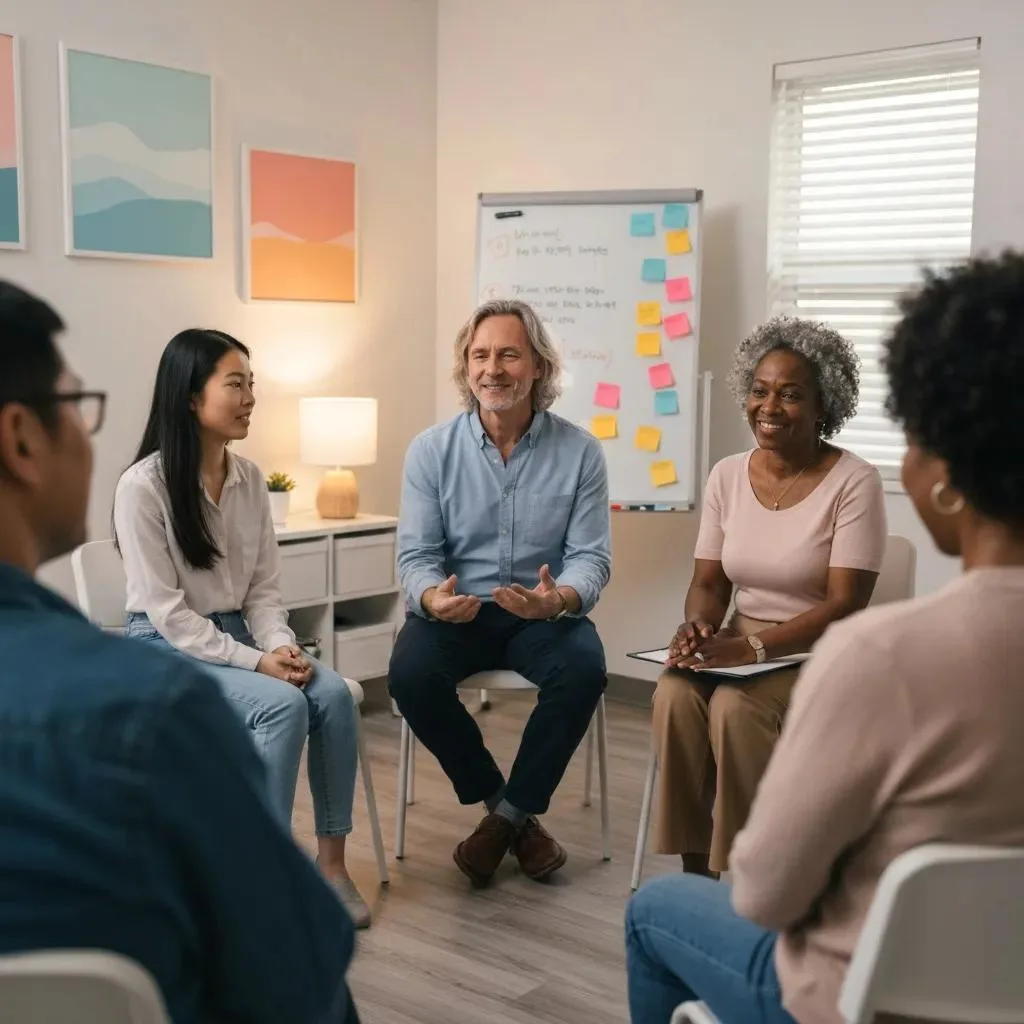Group Therapy Session Where Staff Evaluate Progress And Recovery Outcomes