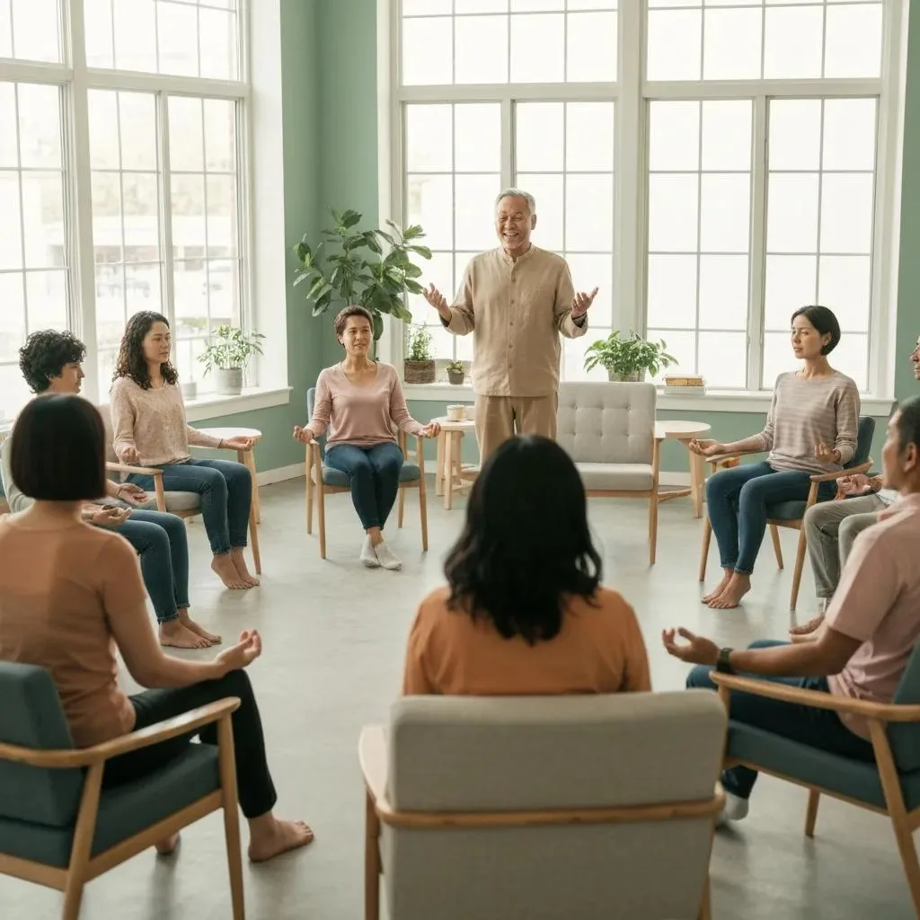 Group therapy session focused on mindfulness and community support in holistic addiction recovery, with a facilitator leading participants in a serene room.
