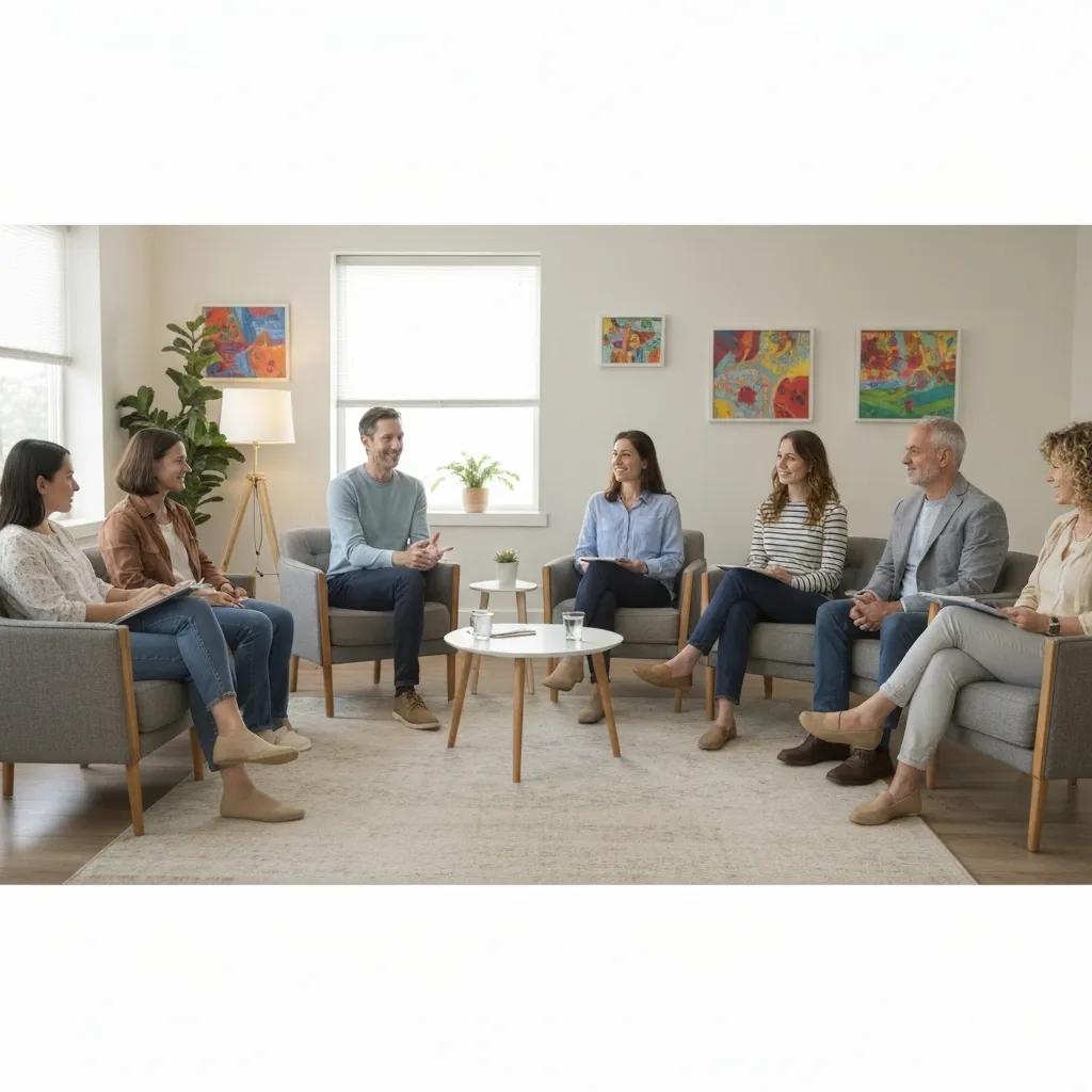 Group therapy session for addiction treatment in a warm, supportive environment