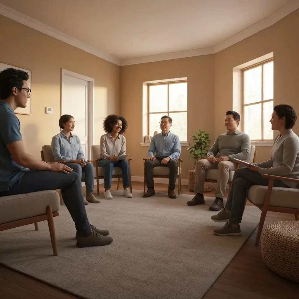 Group Therapy In Progress, Showing Peer Connection And Support For People With Co-Occurring Disorders