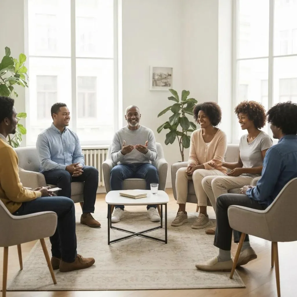 Group Therapy Session In A Bright Room, Symbolizing Hope And Recovery In Addiction Treatment
