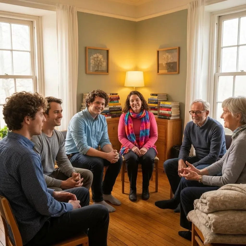 Group Therapy In A Comfortable Room Showing Peer Support And Clinical Care In Inpatient Rehab