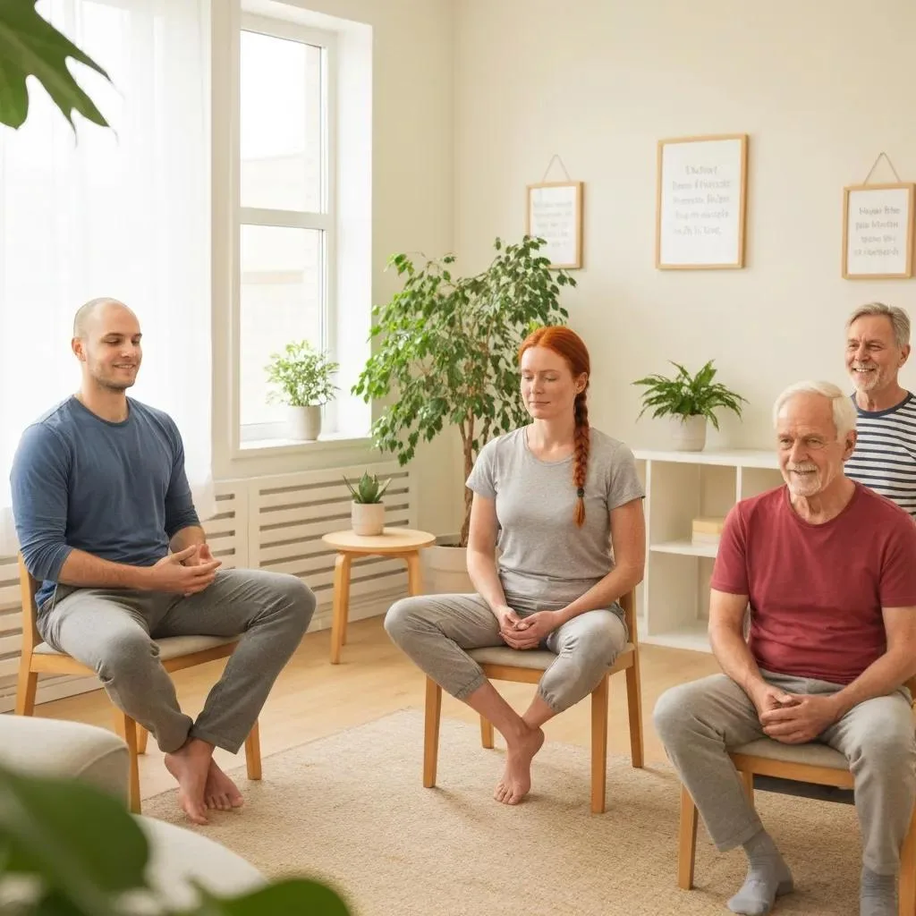 Holistic Detoxification Facilities In California Explained Group therapy session focusing on mindfulness at a holistic detox center, featuring participants seated in a circle, engaging in mindfulness practices, surrounded by plants and a calm interior.