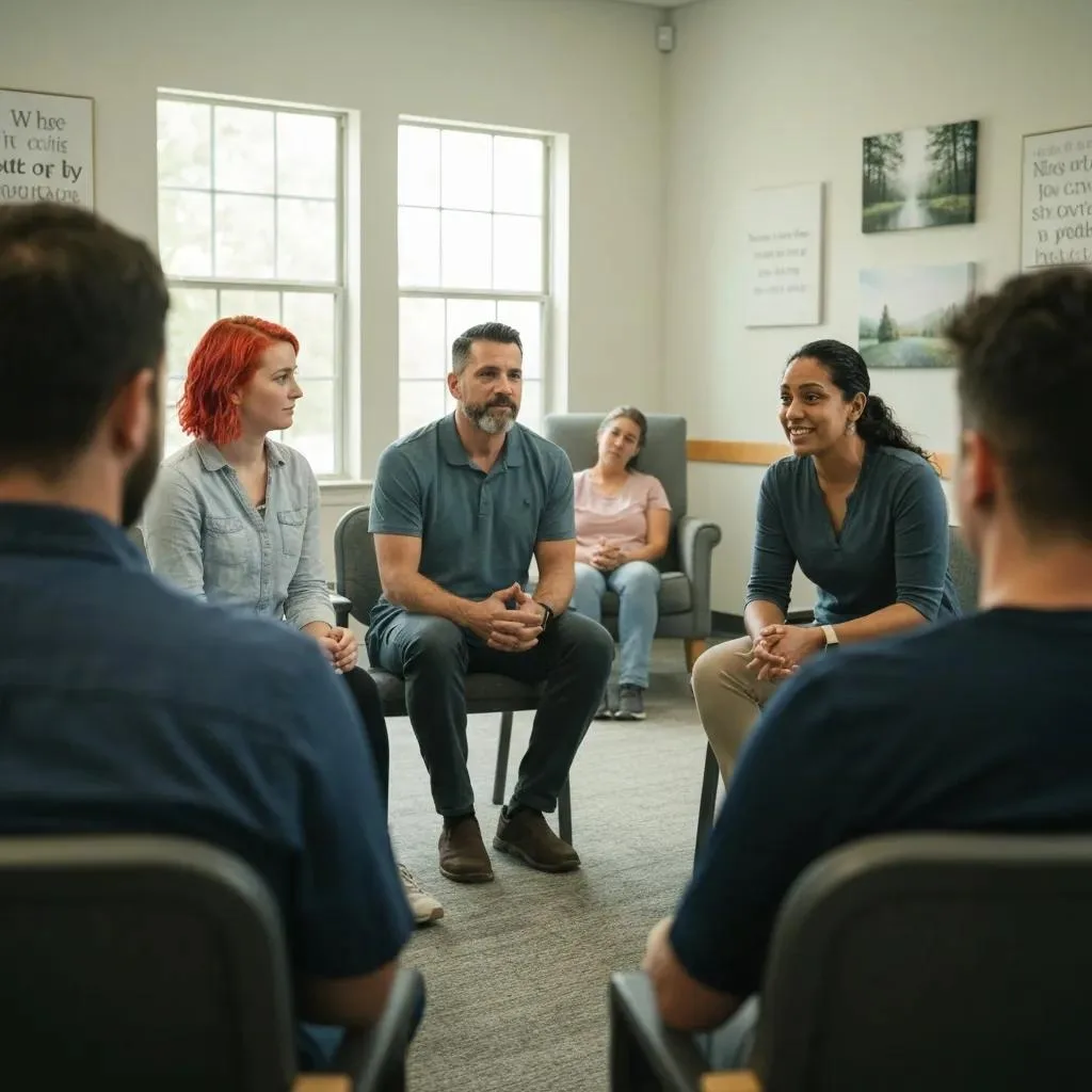 Group Therapy Session In Outpatient Rehab With Participants Sharing And Engaging
