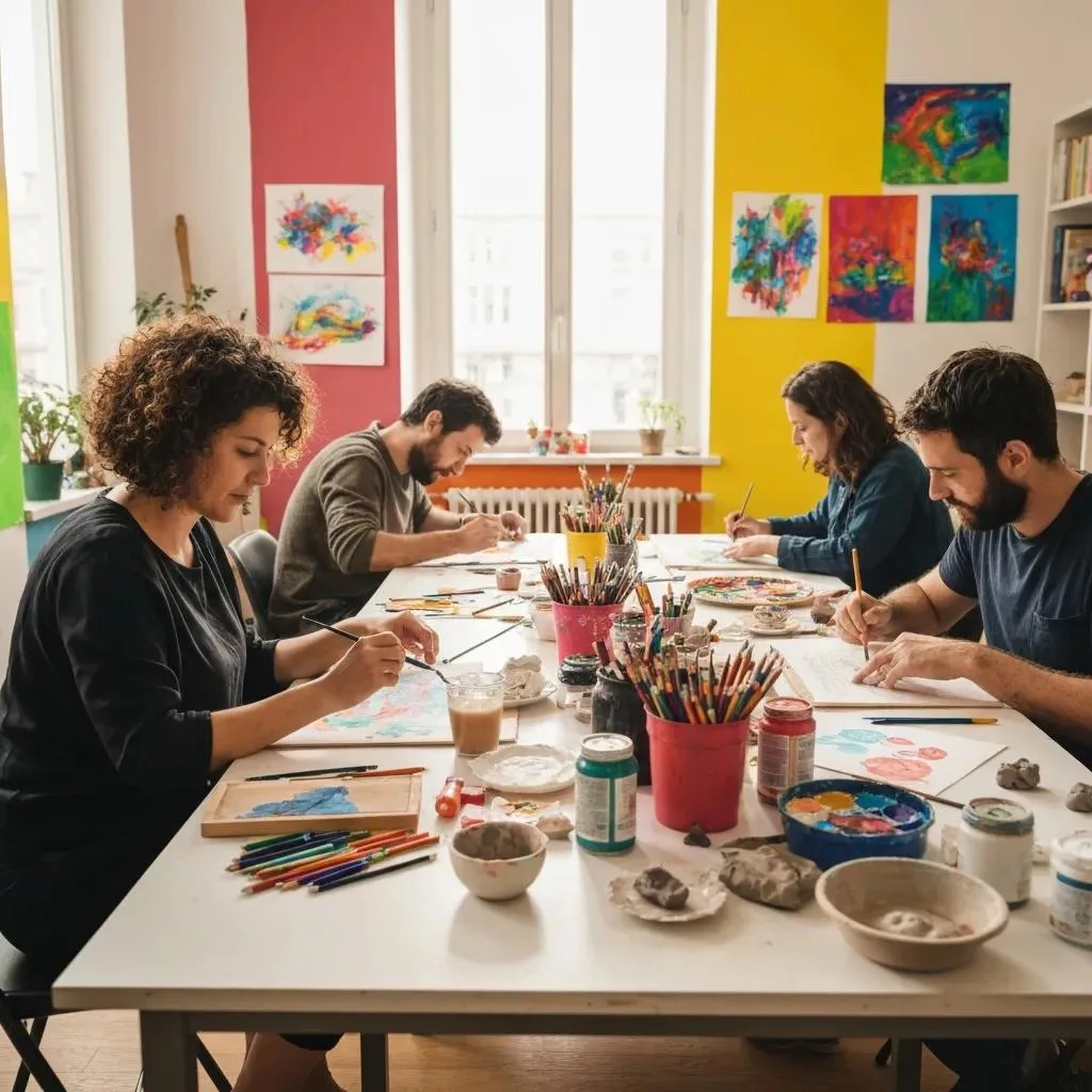 Group Engaged In Art Therapy, Expressing Emotion Through Creative Activities