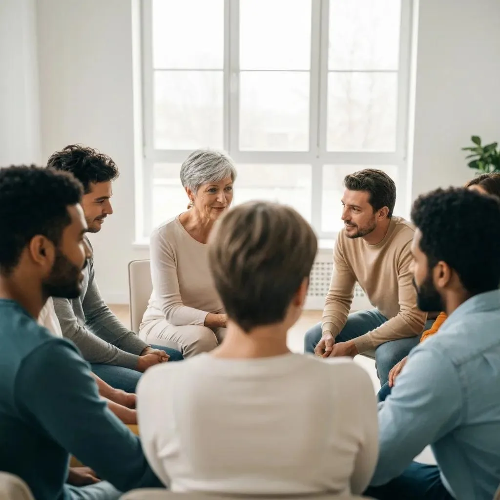 Benefits Of Group Therapy Versus Individual Therapy Group therapy session with diverse participants engaging in peer support, discussing recovery goals, and practicing social skills in a safe environment.