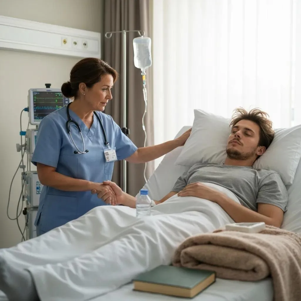 Healthcare professional providing supportive care to a patient during medical detoxification process, emphasizing individualized treatment and clinical supervision.