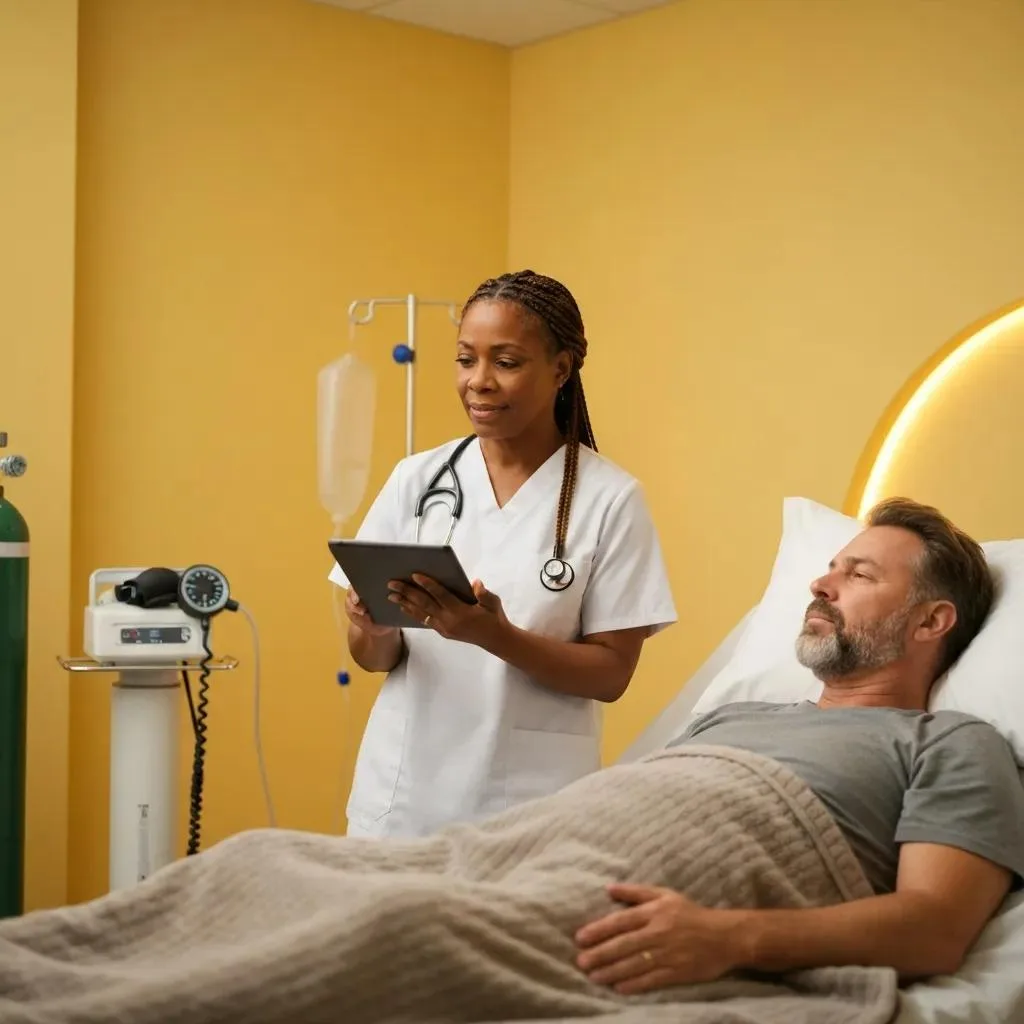 Discover Lasting Change At Substance Abuse Inpatient Rehab Clinician Checking A Patient'S Vitals In A Detox Room, Emphasizing Safety And Close Monitoring