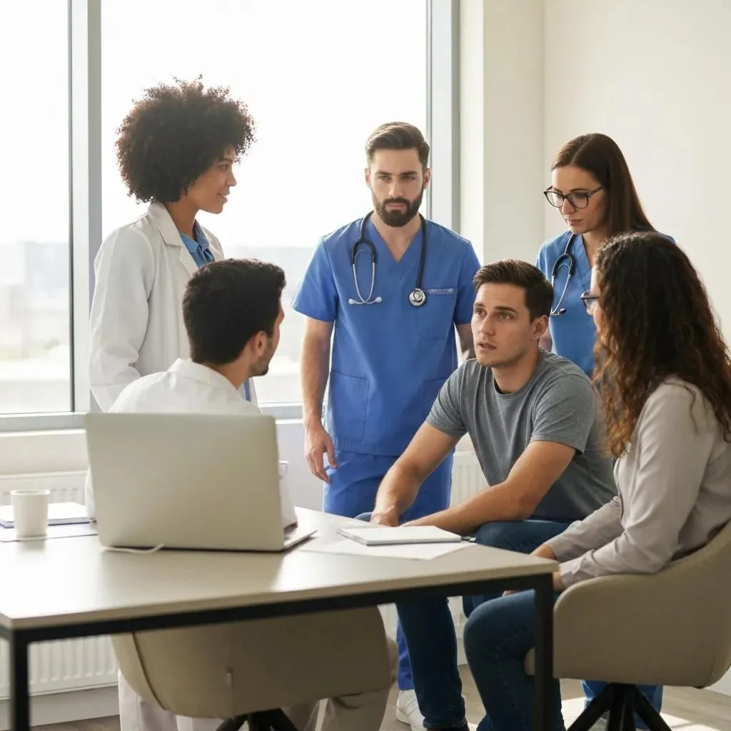 Healthcare professionals collaborating with a patient in a modern inpatient detox facility, emphasizing supportive medical care during alcohol withdrawal.