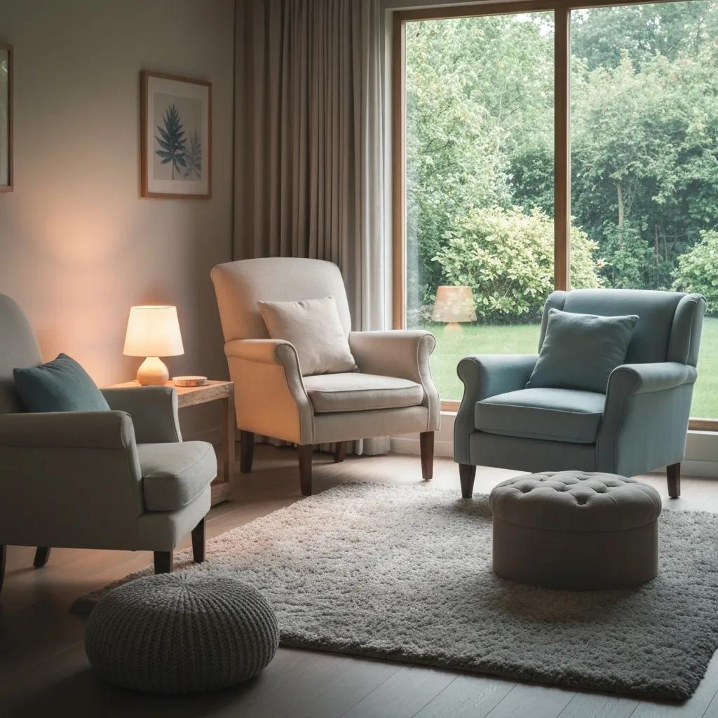 Holistic addiction treatment environment with calming decor and comfortable seating