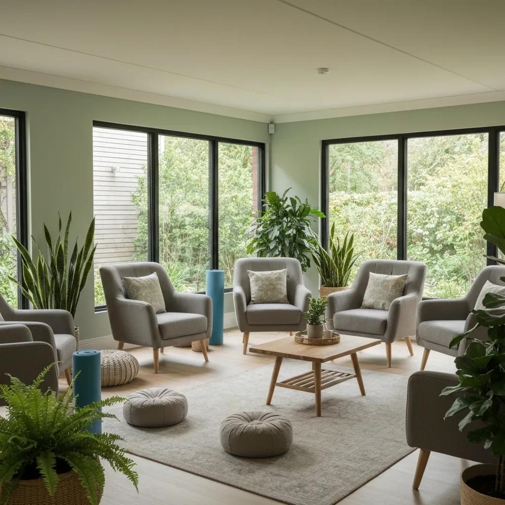 Holistic addiction treatment environment with yoga mats and calming decor