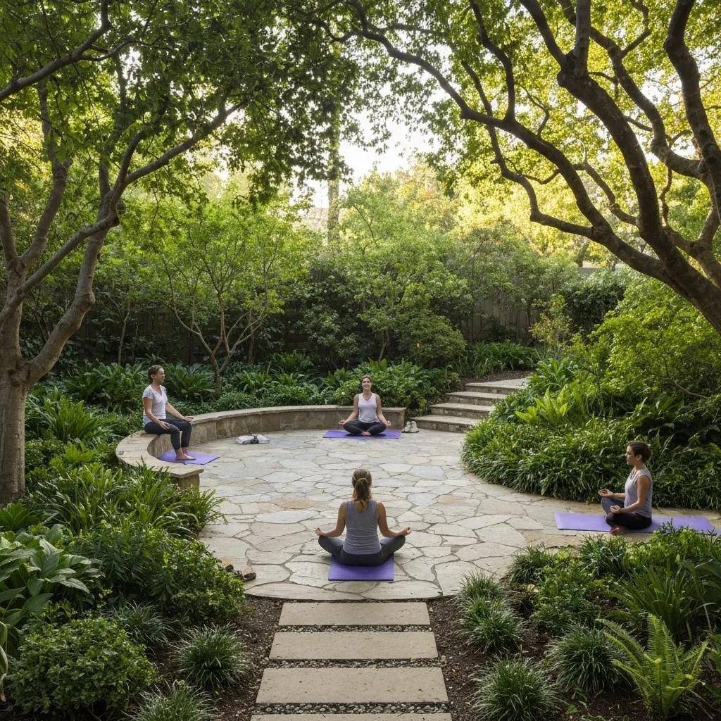 Holistic healing center in California with a tranquil garden and individuals practicing mindfulness