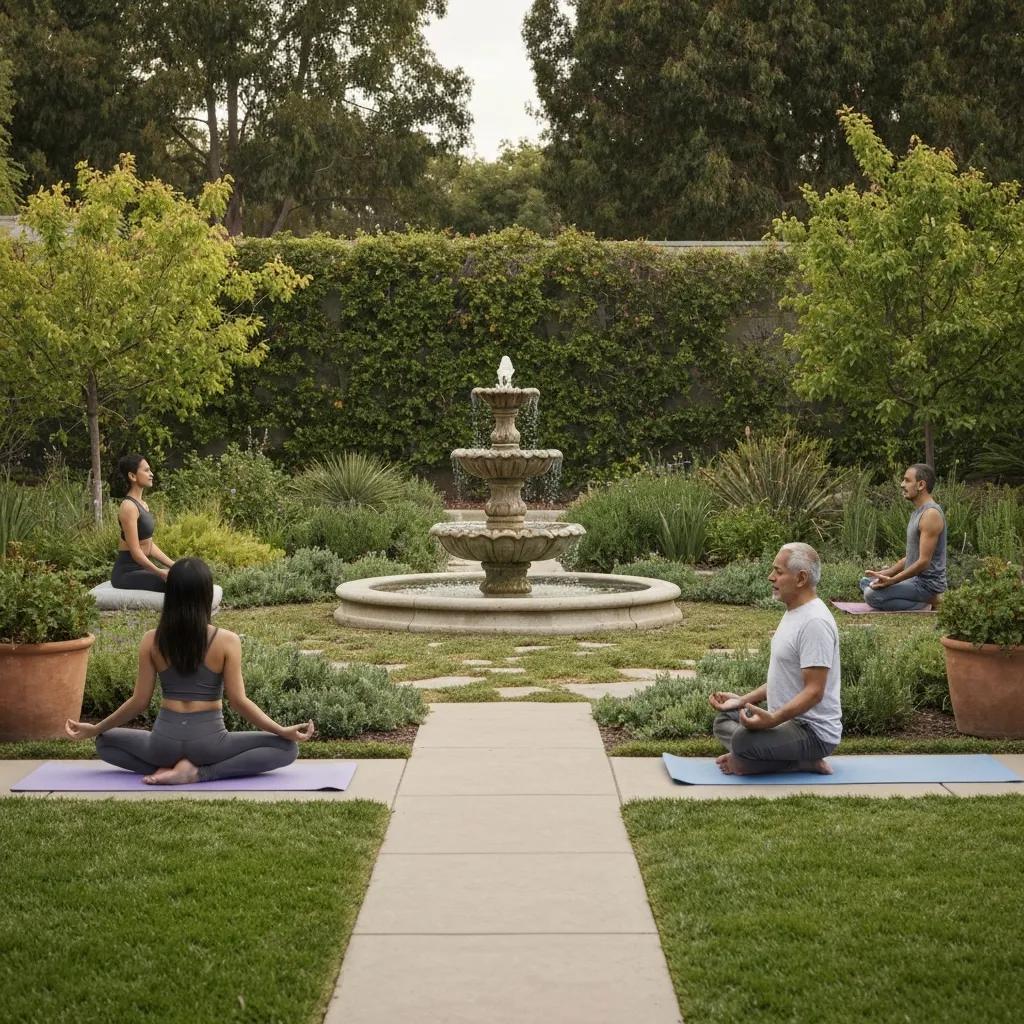 Holistic recovery center in California with individuals practicing yoga in a serene outdoor setting