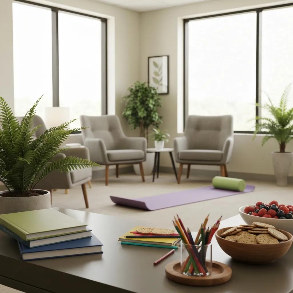 Holistic recovery environment featuring yoga mats, art supplies, healthy snacks, and a serene setting with plants, emphasizing mind-body-spirit integration for addiction recovery.
