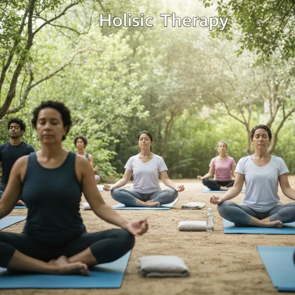 Holistic therapy session with diverse individuals practicing yoga and mindfulness in a tranquil outdoor setting